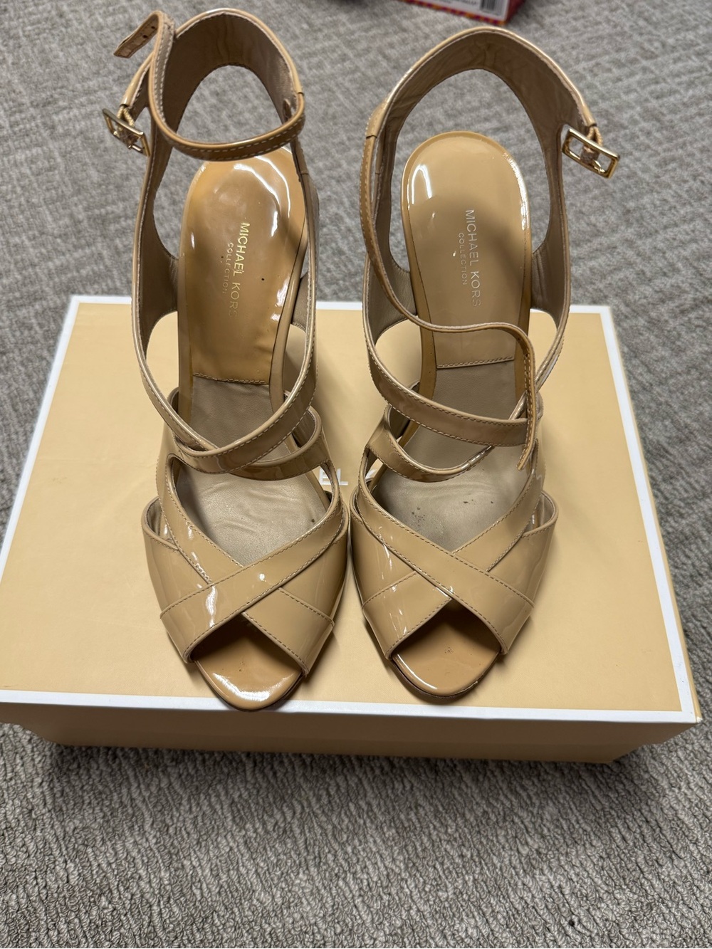 Michael Kors Beige Patent Leather Strappy Heeled Sandals